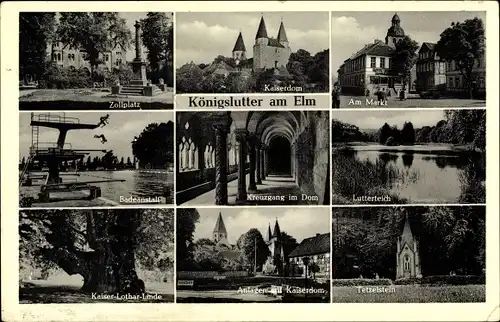 Ak Königslutter am Elm, Zollplatz, Markt, Lutterteich, Kreuzgang im Dom, Kaiser Lothar Linde