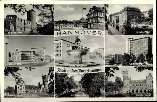 Ak Hannover, Duve-Brunnen, Leineschloss, Wasserkunst, Leibniz-Ufer, Beginenturm, Continental Haus