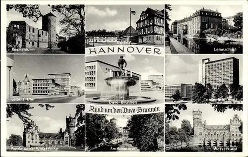 Ak Hannover, Duve-Brunnen, Wasserkunst, Leineschloss, Beginenturm, Leibniz-Ufer, Continental Haus