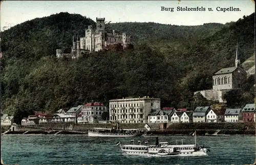 Ak Stolzenfels Koblenz am Rhein, Burg Stolzenfels, Capellen, Schiffe