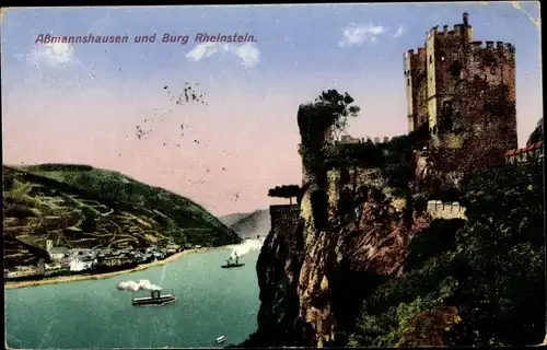 Ak Assmannshausen Rüdesheim am Rhein, Burg Rheinstein, Dampfer