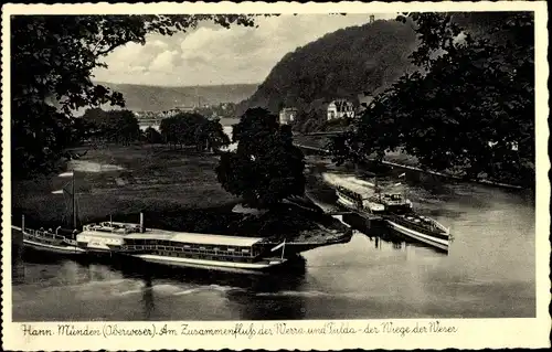 Ak Hann. Münden in Niedersachsen, Zusammenfluss von Werra und Fulda, Weser, Schiffe