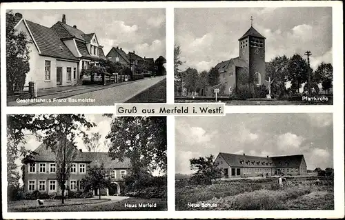 Ak Merfeld Dülmen in Nordrhein Westfalen, Geschäftshaus Baumeister, Pfarrkiche