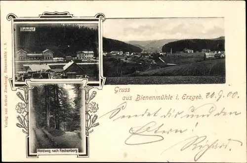 Ak Rechenberg Bienenmühle Erzgebirge, Waldweg zum Ort, Bahnhof, Ort