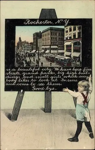Ak Rochester New York USA, Straßenansicht, Straßenbahn, kleines Kind