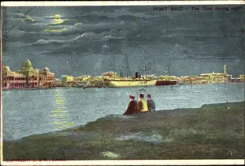 Mondschein Ak Kairo Ägypten, Männer am Ufer, Fluss
