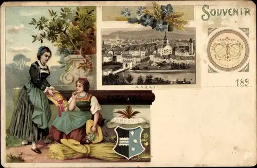 Wappen Litho Aarau Kanton Aargau, Reklame, Chocolat Suchard, Frauen in Trachten, Stadtansicht