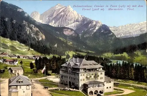 Ak Fassatal Val di Fassa Trentino Südtirol, Dolomitenhaus mit dem Vernel, Marmolata