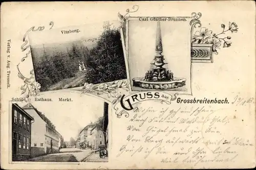 Ak Großbreitenbach in Thüringen, Schule, Rathaus, Markt, Vitzberg, Carl-Günther-Brunnen