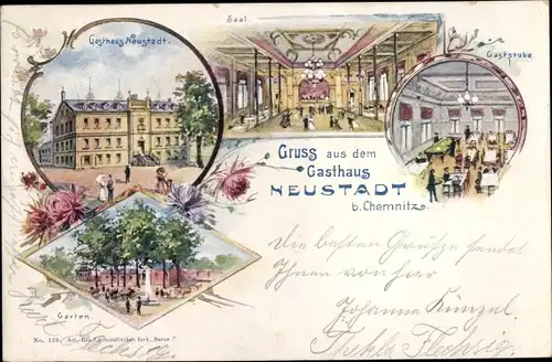 Litho Chemnitz in Sachsen, Gasthaus Neustadt, Gaststube, Garten