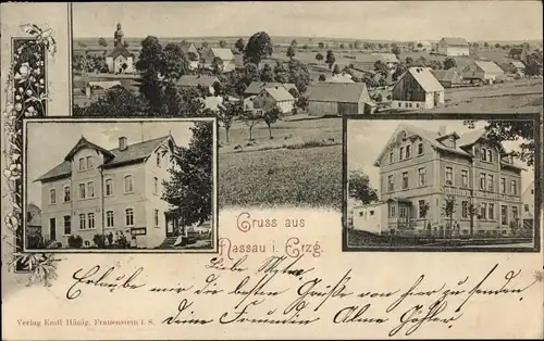 Ak Nassau im Erzgebirge Frauenstein, Schuhwaren Pischer, Mehrfamilienhaus, Panorama