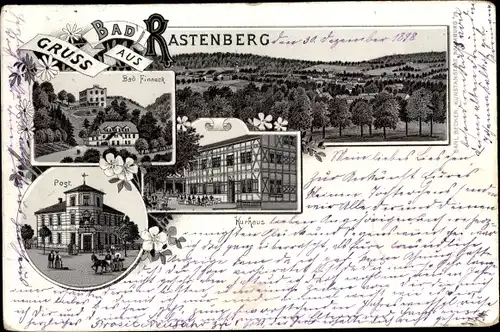 Litho Rastenberg in Thüringen, Post, Bad Finneck, Kurhaus, Totalansicht