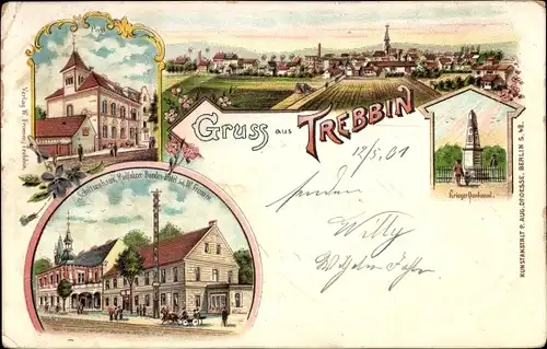 Litho Trebbin im Kreis Teltow Fläming, Post, Schützenhaus, Kriegerdenkmal, Gesamtansicht