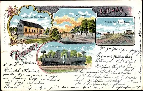 Litho Rehagen an der Militärbahn Klausdorf am Mellensee, Militärbahnhof, Gasthof, Dorfstraße