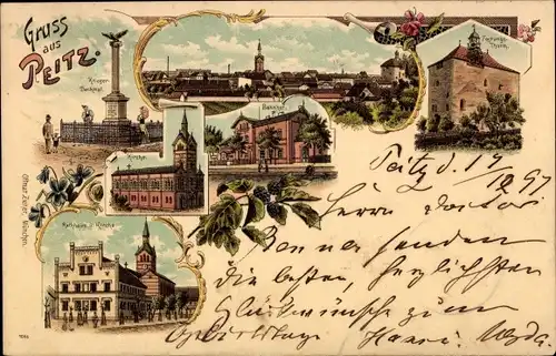 Litho Peitz in der Niederlausitz, Kriegerdenkmal, Festungsturm, Kirche, Rathaus, Bahnhof