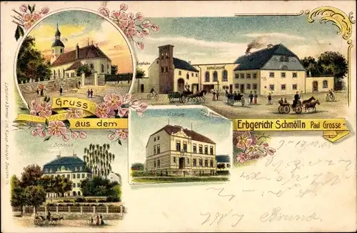Litho Schmölln in der Oberlausitz Sachsen, Gasthof Erbgericht, Kirche, Schloss, Schule