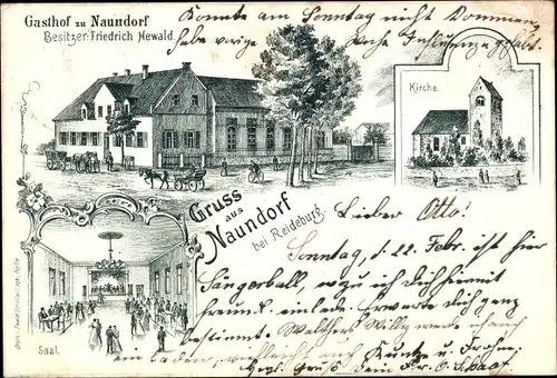 Litho Naundorf bei Reideburg Dölbau im Saalekreis, Gasthof zu Naundorf, Saal, Kirche