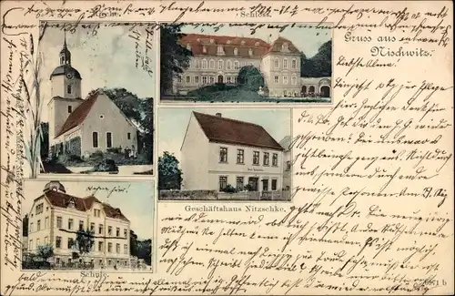 Ak Nischwitz Thallwitz in Sachsen, Kirche, Schloss, Geschäftshaus Nitzschke, Schule