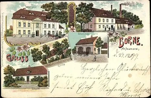 Litho Źródła Borne Niederschlesien, Gasthaus, Brennerei, Schmiede, Kirche, Schule