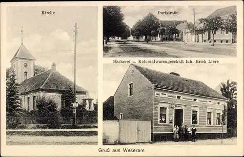 Ak Weseram Roskow im Havelland, Kirche, Dorfstraße, Bäckerei, Kolonialwarengeschäft