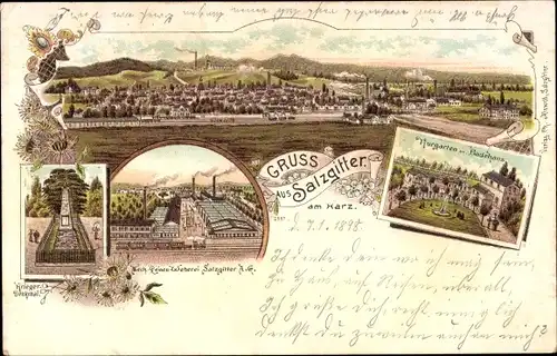 Litho Salzgitter in Niedersachsen, Panorama, Kriegerdenkmal, Leinen-Weberei, Kurgarten, Badehaus