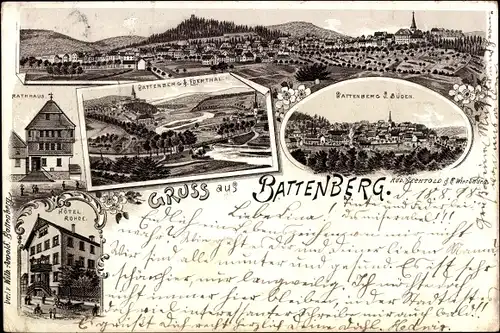 Litho Battenberg an der Eder Hessen, Rathaus, Hotel Rohde, Totalansicht