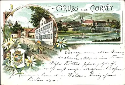 Litho Corvey Höxter an der Weser, Gasthof von C. de Lorenzi, Wappen, Brücke, Dampfer