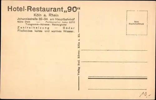 Ak Köln am Rhein, Hotel Restaurant 90, Innenansicht, Johannisstraße