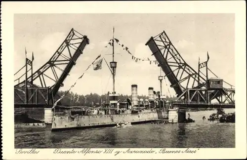 Ak Sevilla Andalusien, Spanisches Kriegsschiff, Buenos Aires, Klappbrücke Alfons XIII