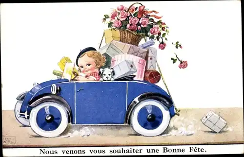 Künstler Ak Wills, John, Mädchen mit Geschenken in einem Automobil, Hund