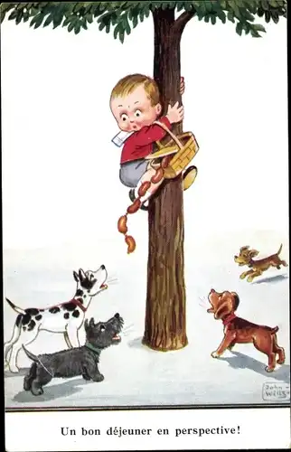 Künstler Ak Wills, John, Junge klettert auf einen Baum, Korb mit Würsten, Hunde