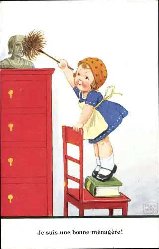 Künstler Ak Wills, John, Mädchen mit Staubwedel auf einem Stuhl, Büste
