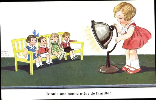 Künstler Ak Wills, John, Puppen auf einer Bank, Mädchen, Lampe