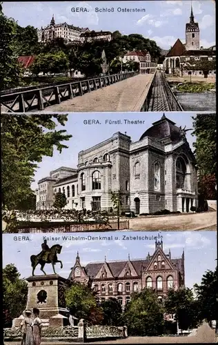 Ak Gera Thüringen, Schloss Osterstein, Untermhaus, Fürstliches Theater, Zabelschule, Denkmal