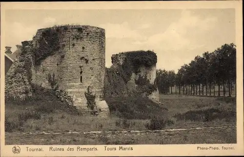 Ak Tournai Wallonien Hennegau, Ruines des Remparts, Tours Marvis