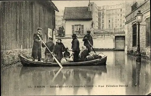 Postkarte Paris XVI Passy, Überschwemmung der Seine 1910, Rue Felicien David