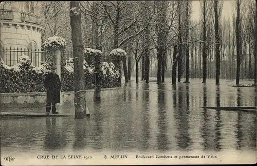 Postkarte Melun Seine et Marne, Boulevard Gambetta, Promenade de Vaux, Seine-Überschwemmung 1910