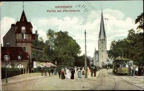 Ak Hannover in Niedersachsen, Pferdeturm, Kirche, Straßenbahn