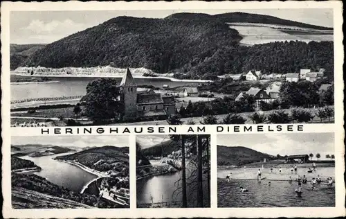 Ak Heringhausen Diemelsee Hessen, Diemeltalsperre, Kirche, Strand, Ortsansicht