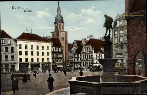 Ak Dortmund im Ruhrgebiet, Marktplatz, Brunnen, Kaffeegeschäft