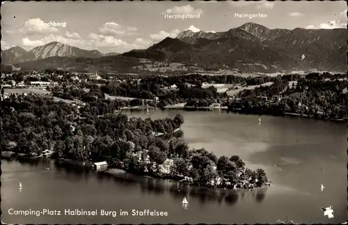 Ak Seehausen am Staffelsee, Halbinsel Burg, Campingplatz, Panorama, Herzogstand, Heimgarten