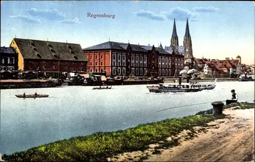Ak Regensburg an der Donau Oberpfalz, Teilansicht mit Kirche, Dampfer