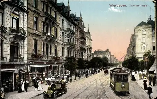 Ak Wiesbaden in Hessen, Taunusstraße, Straßenbahn, Auto