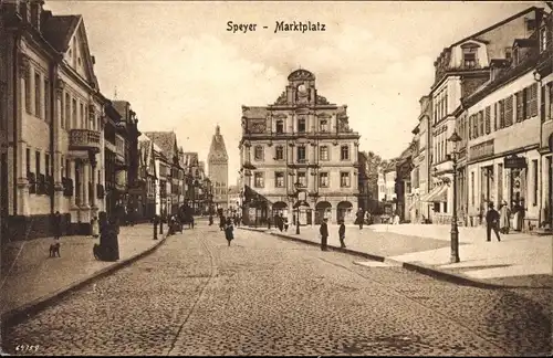 Ak Speyer am Oberrhein, Marktplatz, Rathaus, Passanten