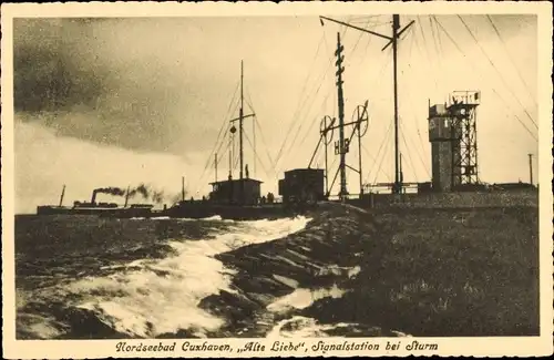 Ak Nordseebad Cuxhaven, Alte Liebe, Signalstation bei Sturm