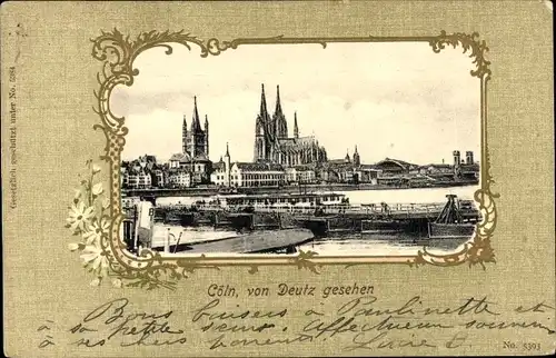 Passepartout Ak Köln am Rhein, von Deutz gesehen, Dom, Schiffbrücke