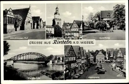 Ak Rinteln an der Weser, Nikolaikirche, Rathaus, Eulenburg, Münchhausen Hof, Weserbrücke