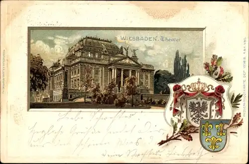 Präge Wappen Passepartout Litho Wiesbaden in Hessen, Theater