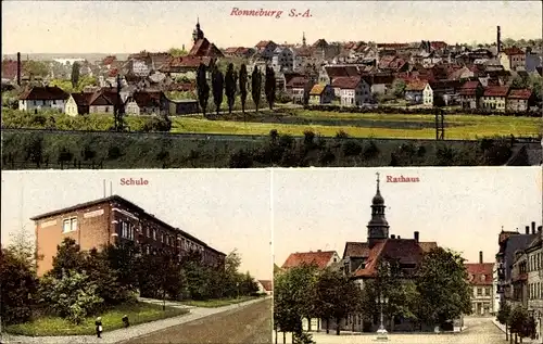 Ak Ronneburg in Thüringen, Gesamtansicht, Schule, Rathaus