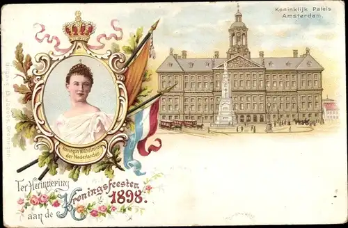 Litho Amsterdam Nordholland Niederlande, Königin Wilhelmina, Fest 1898, Palast